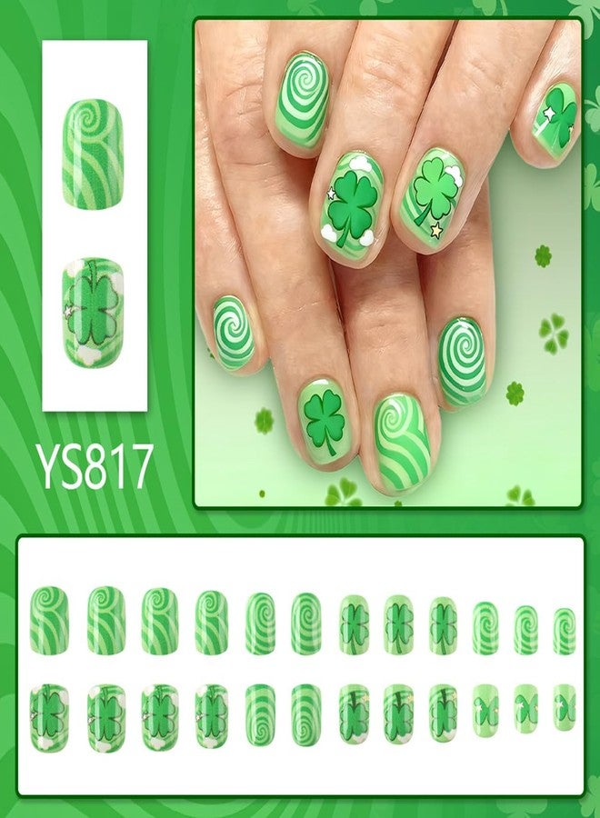 OSTTMA 24Pcs St. Patrick's Day Press on Nails Shamrock Fake Nails Short Square Acrylic Nail with Clover Vortex Cloud Designs Glossy Green Shamrocks Glue on Nails Full Cover Artificial Nail for Women - Image 2